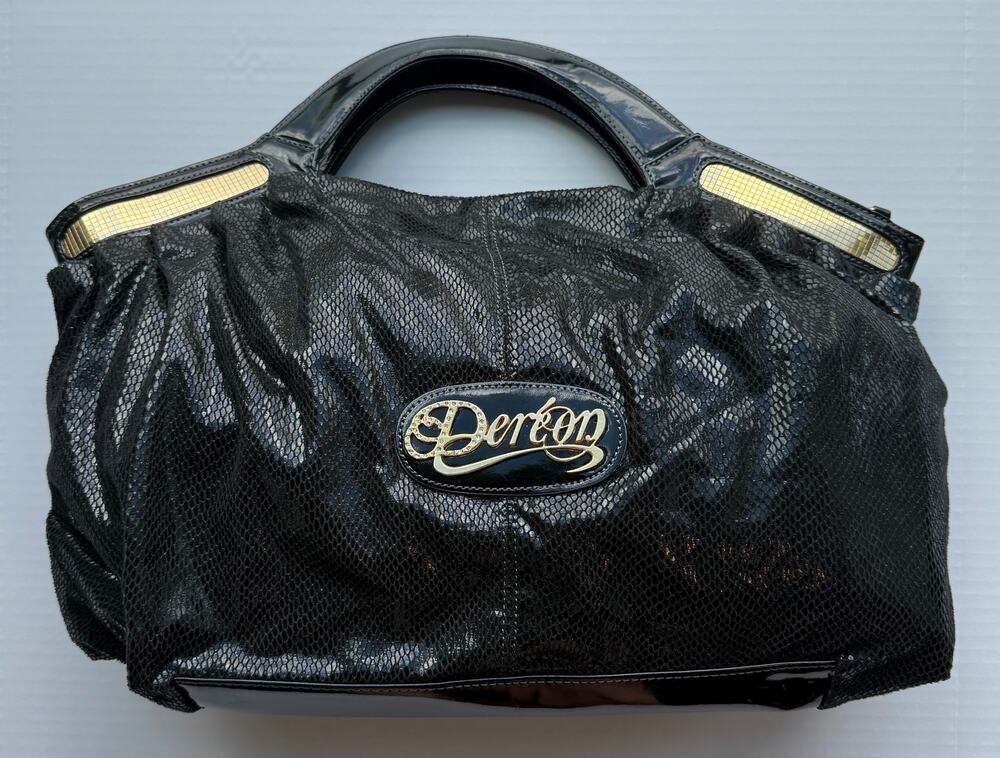 Dereon Black Faux Snakeskin Satchel Handbag Gold Hardware Logo Plate Y2K